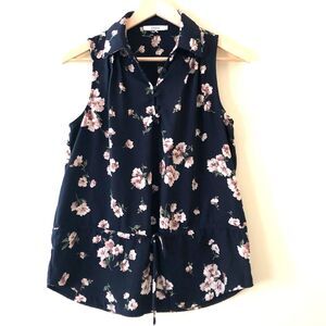 RO & DE Floral Shirt Pintuck Top V-neck Blue Sleeveless Size XS